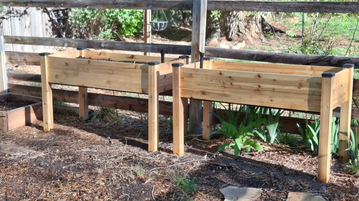 Two elevated garden beds and one small raised bed